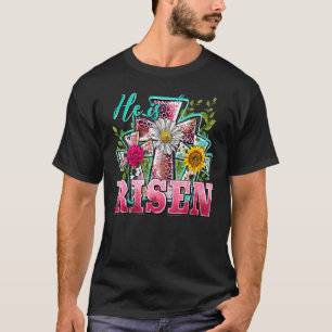 He Is Risen Sunflower Leopard Cross Jesus Christia T-Shirt