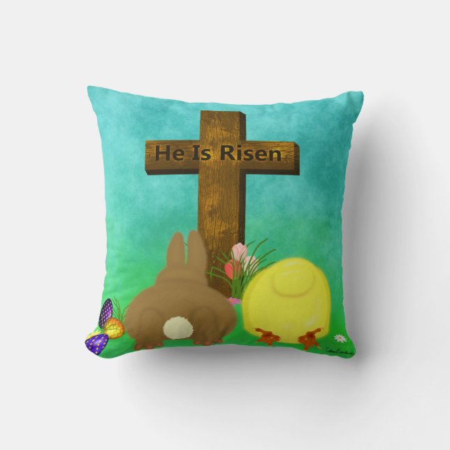 He Is Risen! The Easter Bunny  Chick Bow to Cross Cushion (Front)