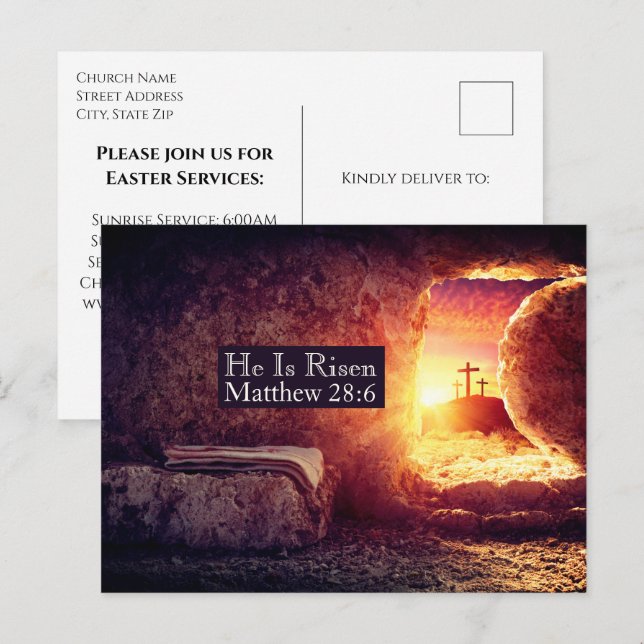 He Is Risen Three Crosses Easter Church Services Holiday Postcard (Front/Back)