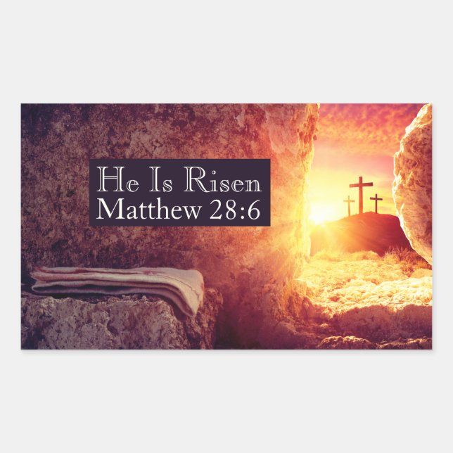 He Is Risen Three Crosses Empty Tomb Easter Rectangular Sticker (Front)