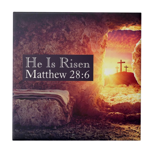 He Is Risen Three Crosses Empty Tomb Easter Tile (Front)