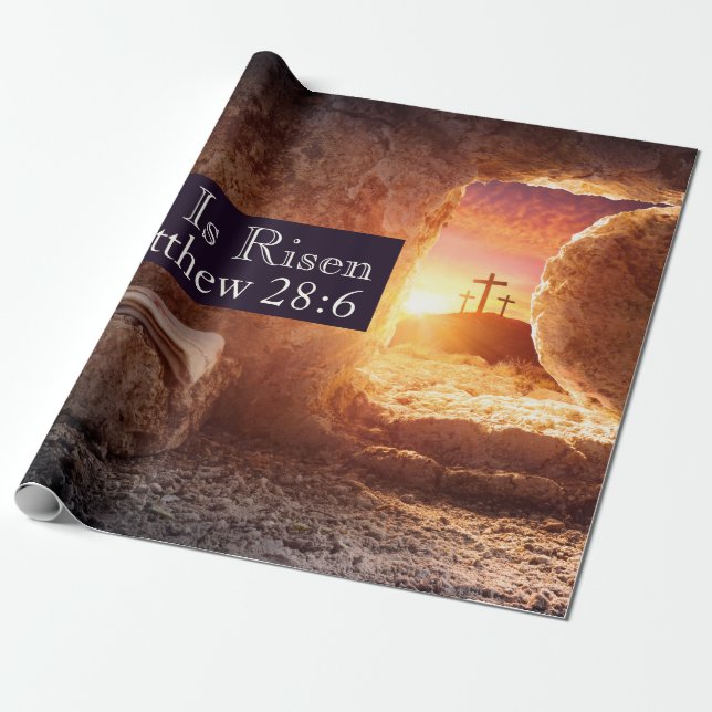 He Is Risen Three Crosses Empty Tomb Easter Wrapping Paper (Unrolled)