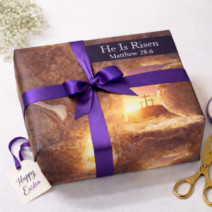 He Is Risen Three Crosses Empty Tomb Easter Wrapping Paper