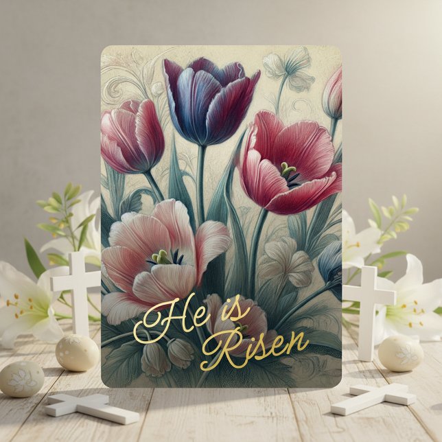 He Is Risen Tulip Floral Gold Foil Card (Creator Uploaded)