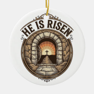 He Is Risen Vintage Easter Cross Shirt Ceramic Tree Decoration