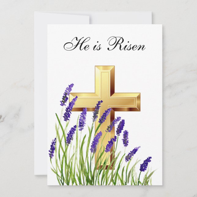 He is Risen Watercolor Easter Lavender Cross Invitation (Front)