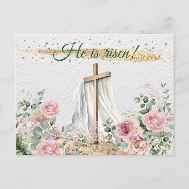 He Is Risen Watercolor Roses Eucalyptus Christian Holiday Postcard (Front)