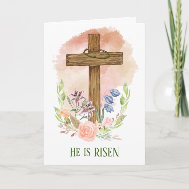 He Is Risen Wooden Floral Cross Easter Card (Front)