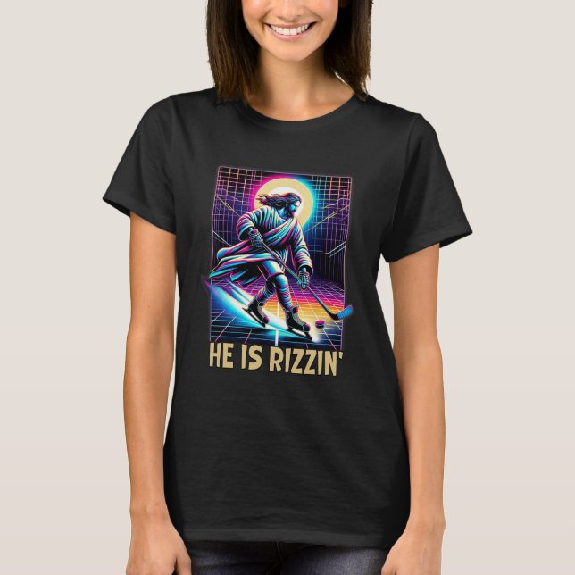He Is Rizzin Christian Ice Hockey Lover Jesus Meme T-Shirt (Front)