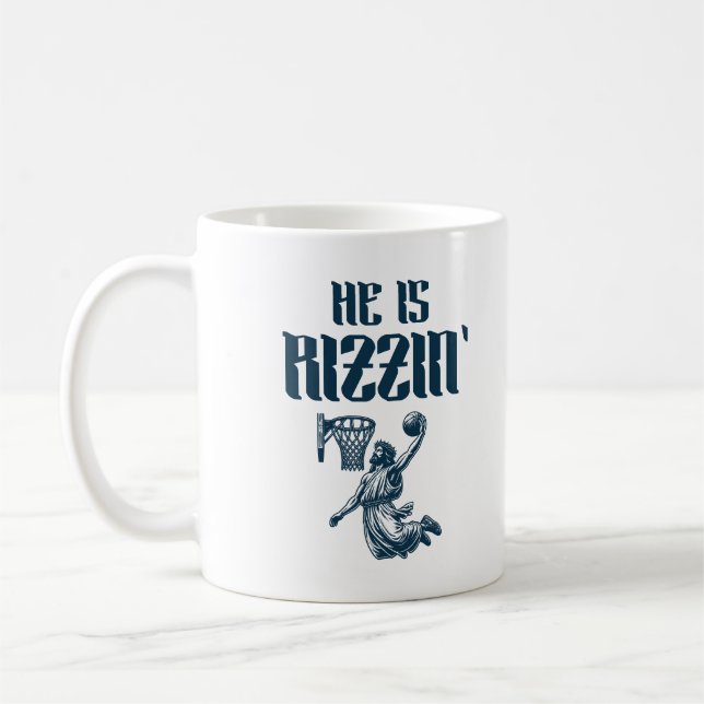 He Is Rizzin' Funny Jesus Basketball Meme Coffee Mug (Left)
