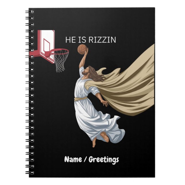 He Is Rizzin Funny Jesus Playing Basketball Retro  Notebook (Front)