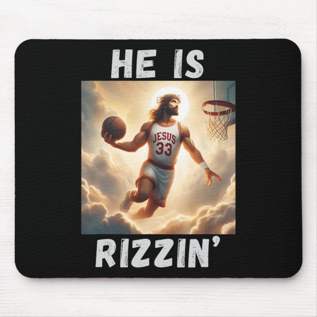 He Is Rizzin Funny Jesus Playing Bysketbyll  Mouse Mat (Front)