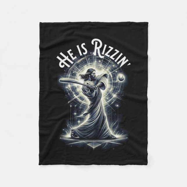 He Is Rizzin Jesus Playing Baseball Fun Sports Riz Fleece Blanket (Front)