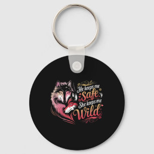 He Keeps Me Safe She Keeps Me Wolf Art Lover Coupl Key Ring
