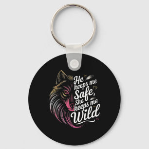 He Keeps Me Safe She Keeps Me Wolf Art Lover Coupl Key Ring