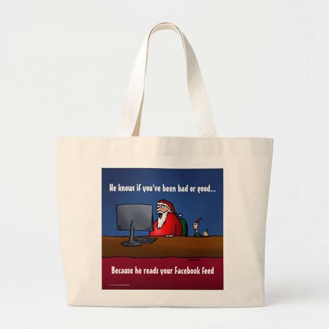 He Knows If You've Been Bad Funny Santa Large Tote Bag (Front)