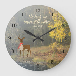 He Leads Me Beside Still Waters, Deer by the Water Large Clock