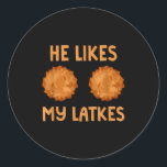 He Likes My Latkes Hanukkah Couple Matching Jewish Classic Round Sticker<br><div class="desc">He Likes My Latkes Hanukkah Couple Matching Jewish Menorah</div>