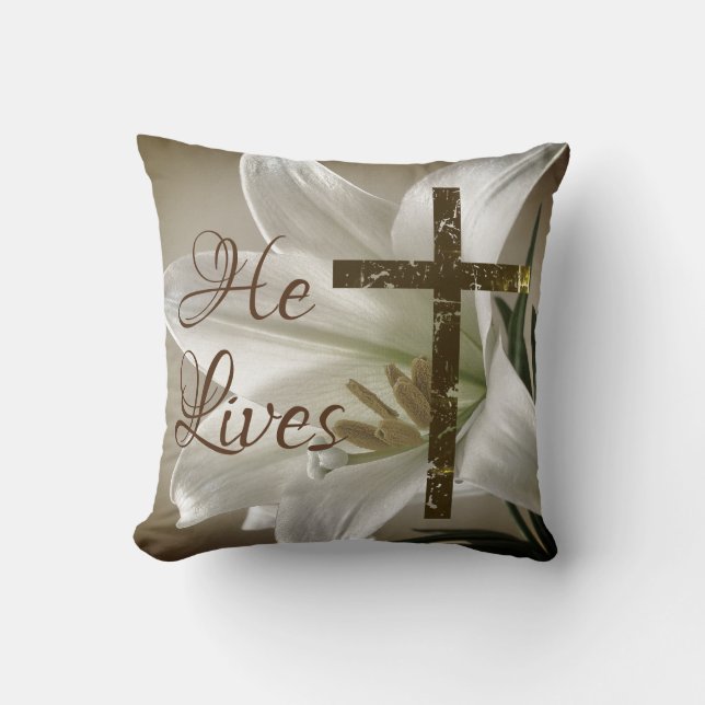 He Lives with Cross and Lily Easter Cushion (Front)
