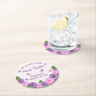 He Makes Her Heart Flutter Butterfly Bridal Shower Round Paper Coaster