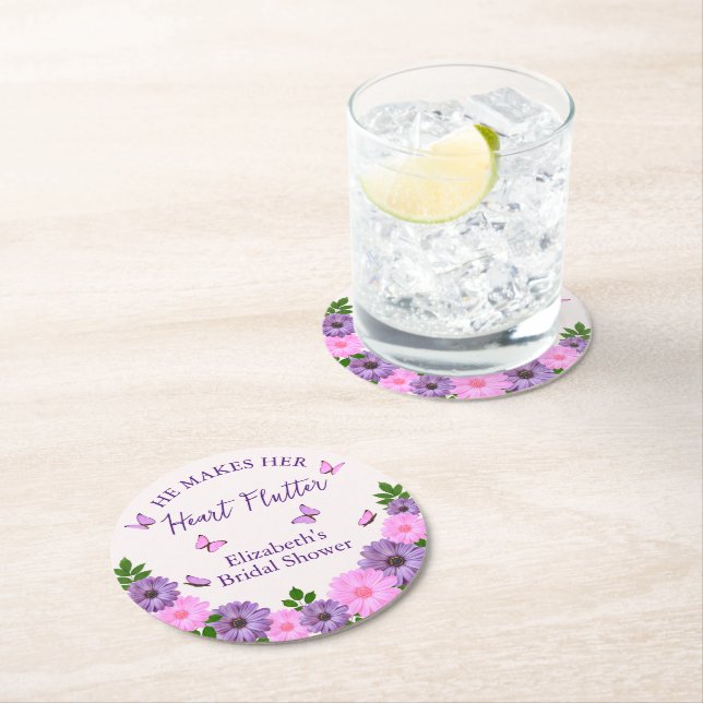 He Makes Her Heart Flutter Butterfly Bridal Shower Round Paper Coaster (Insitu)