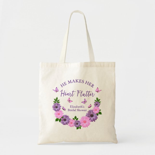 He Makes Her Heart Flutter Butterfly Bridal Shower Tote Bag (Front)