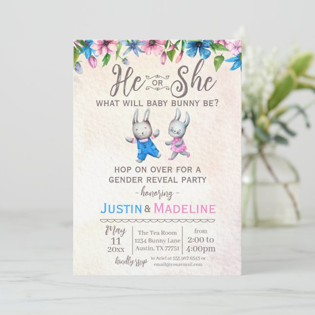 He or She Baby Bunny Gender Reveal Party Invitation (Standing Front)
