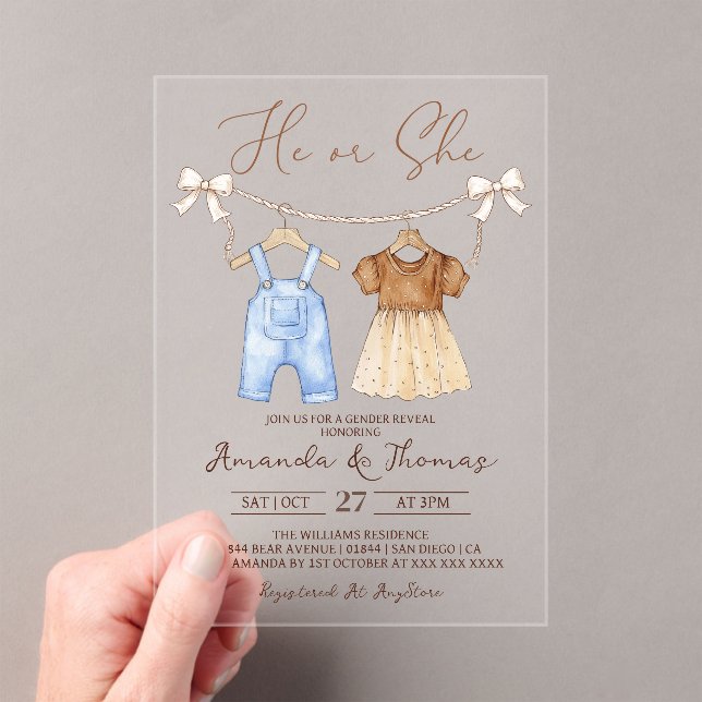 He or She Baby Clothes Gender Reveal Acrylic Invitations (Insitu (Handheld))