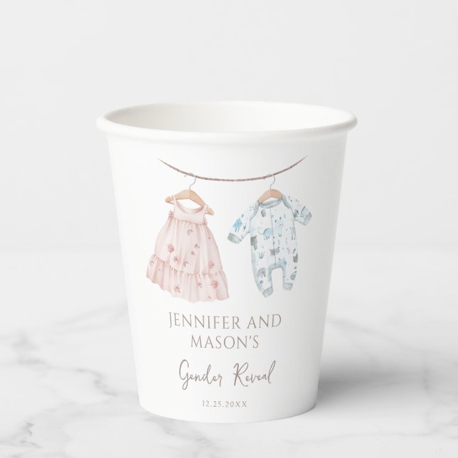 He or She Baby Clothes Gender Reveal Paper Cups (Front)