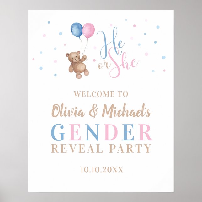 He or She Baby Gender Reveal Party Welcome Poster (Front)