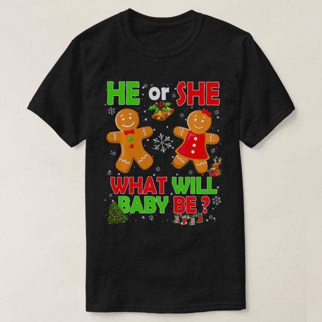 He or She Baby Gingerbread Cookie Gender Reveal Ch T-Shirt (Design Front)