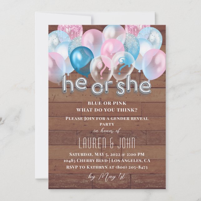 He or She Balloon Gender Reveal Invitation (Front)