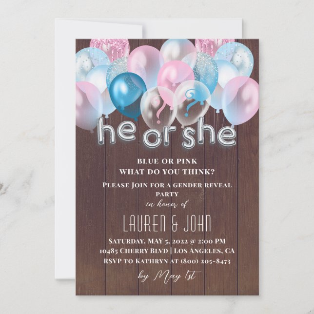 He or She Balloon Gender Reveal Invitation (Front)