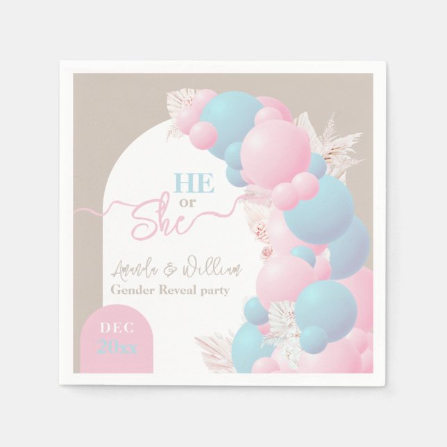 He or She Balloon Modern Gender reveal party   Napkin (Front)