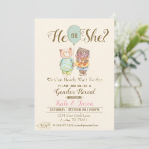 He or She Bear Gender Reveal Watercolor Cute Bears Invitation