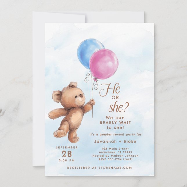 He or She Bearly Wait Teddy Bear Gender Reveal Invitation (Front)