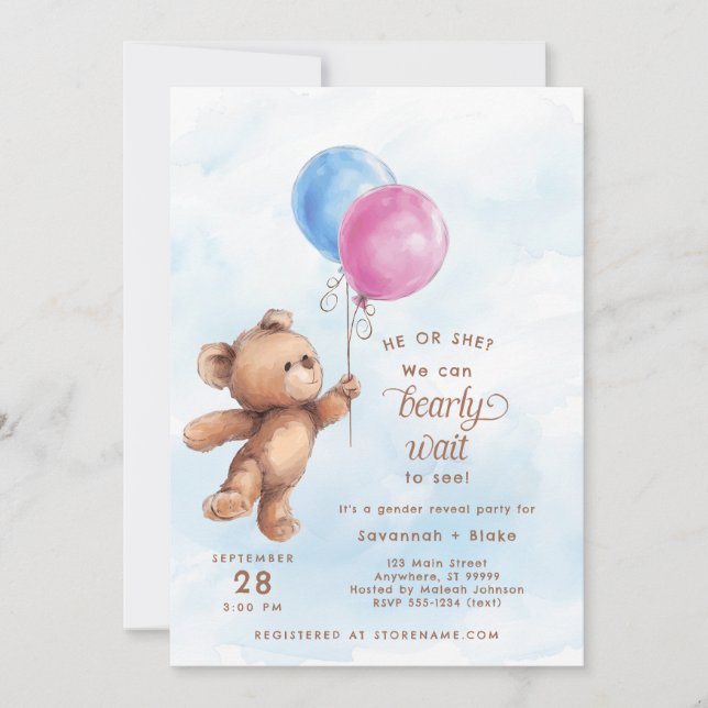He or She Bearly Wait Teddy Bear Gender Reveal Invitation (Front)