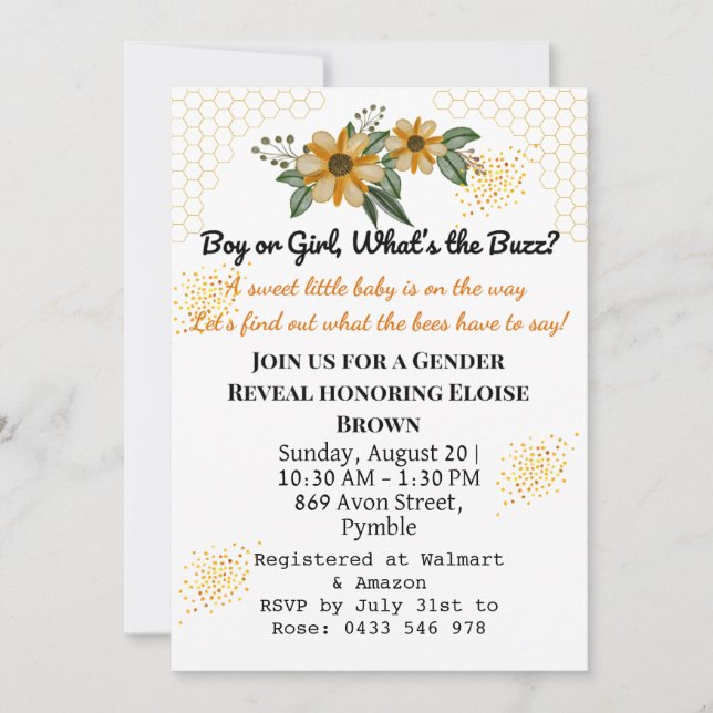 He or She Bee Yellow Floral Gender Reveal Party  Invitation (Front)
