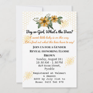 He or She Bee Yellow Floral Gender Reveal Party  Invitation