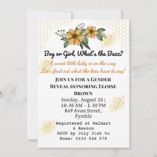 He or She Bee Yellow Floral Gender Reveal Party Invitation