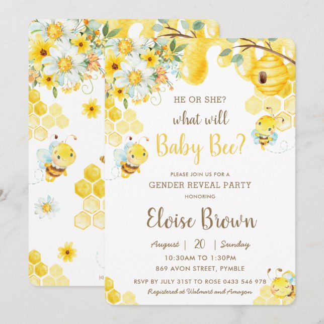 He or She Bee Yellow Floral Gender Reveal Party Invitation (Front/Back)