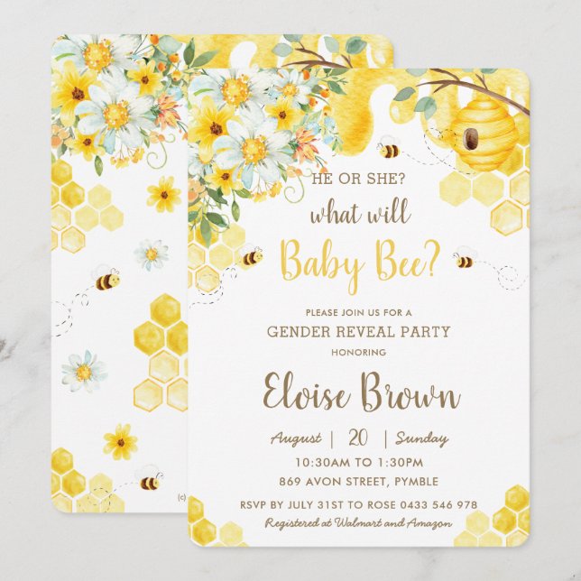 He or She Bees Yellow Floral Gender Reveal Party  Invitation (Front/Back)