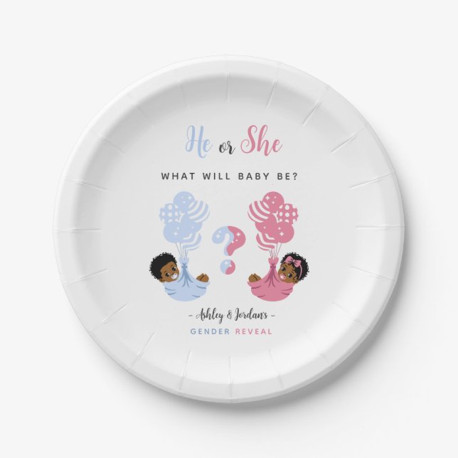 He or She Black Twins Balloon Gender Reveal  Paper Plate (Front)