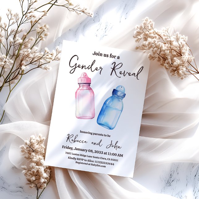 He or She Blue and Pink Baby Bottle Gender Reveal Invitation (Creator Uploaded)