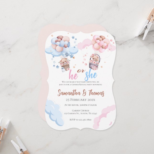 He or She Blue or Pink Gender Reveal Invitation wi (Front/Back In Situ)