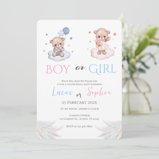 He or She Blue or Pink Gender Reveal Invitation wi (Standing Front)