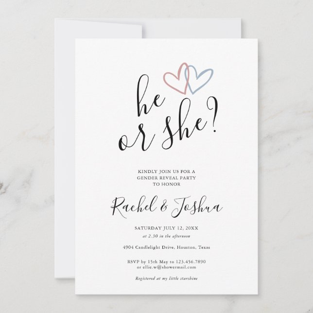 He Or She Blue Pink Hearts Gender Reveal Party Invitation (Front)