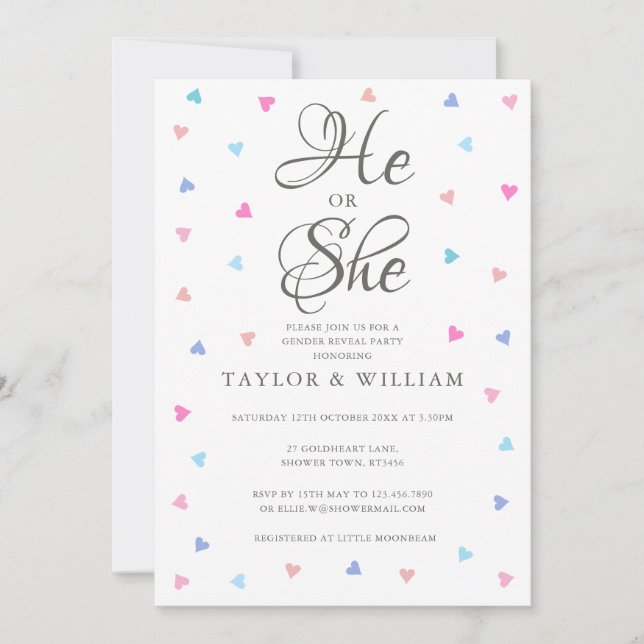He Or She Blue Pink Hearts Gender Reveal Party Invitation (Front)