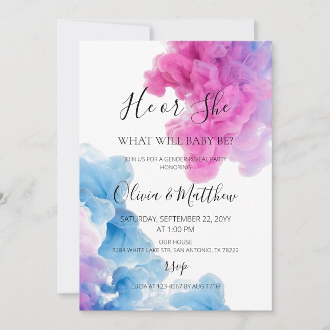 He or She Blue pink smoke  gender reveal Invitatio Invitation (Front)