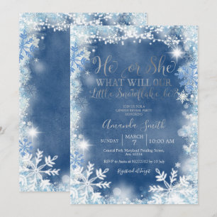 He or She Blue Silver Snowflakes Gender Reveal  Invitation